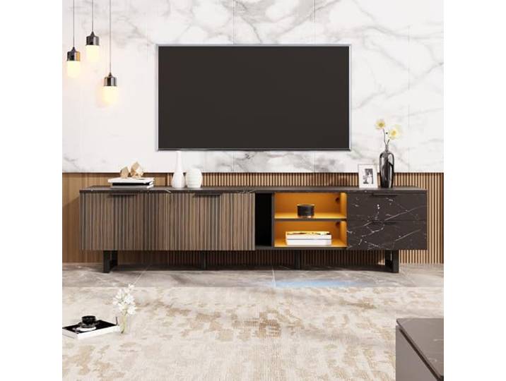 Merax TV-Schrank mit LED,schwarzer Marmoroptik und dunklen Holzmasertüren – TV-Möbel mit 2 Türen, 2 Schubladen, Staubsaugerroboterfreundlich und Verstellbarer Beleuchtung, 200x38x50cm