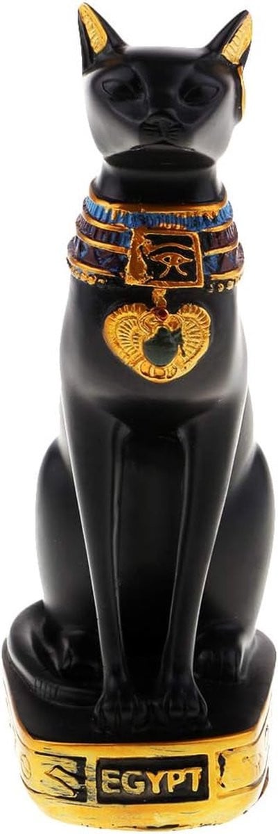 Egyptisch Kat Beeldje Bast - Zwart - Hars Kunst Object - Hoogte: 15 cm