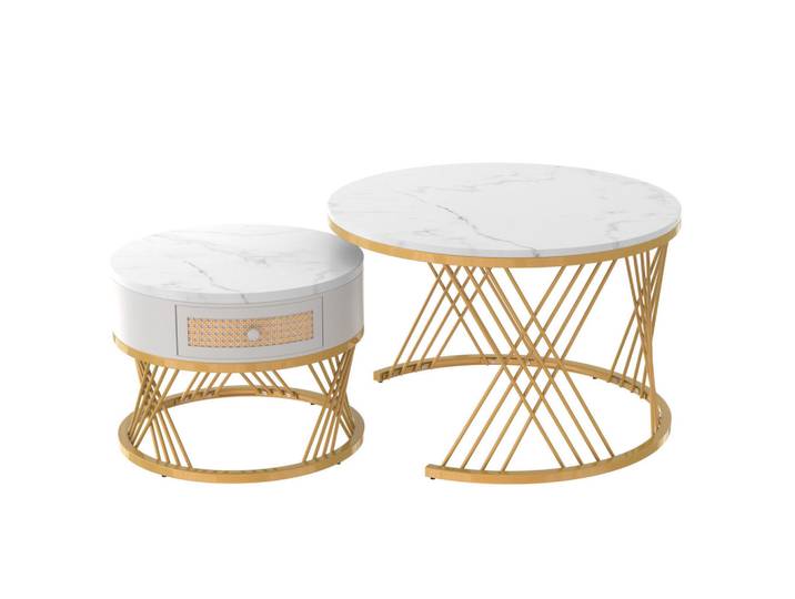 Redom Couchtisch-Set 70/70/48 cm mit Schublade, Marmormuster und Mdf, Weiß/Gold, 70x48x70 cm, Wohnzimmer, Wohnzimmertische, Couchtische