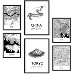 POSTER Set Mit 6 Drucke Von Ostasien Von Karten In Schwarz Weiß A3 & A4 Rahmenlos