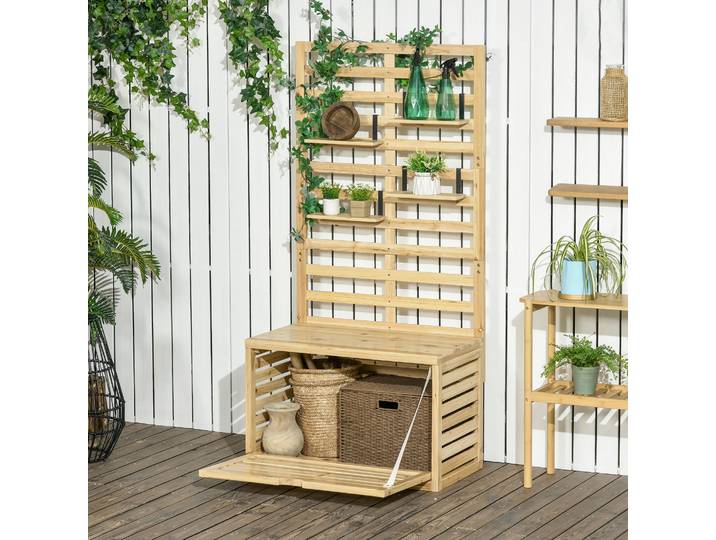 Outsunny Boîte de Rangement avec Treillis, 4 Étagères Suspendues, Porte Magnétique, Bois Massif, Naturel, 80 x 45 x 160 cm