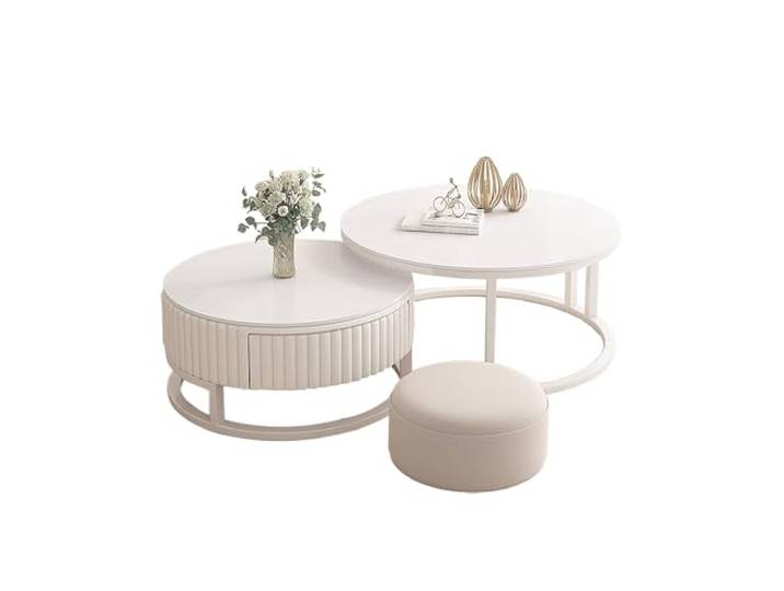 HRXQ 2er Set Runder Couchtisch Weiss 50+70cm Coffee Table Nested Beistelltisch Wohnzimmertisch Kaffeetisch Satztische Für Wohnzimmer, Balkon Und Büro, Metallgestell