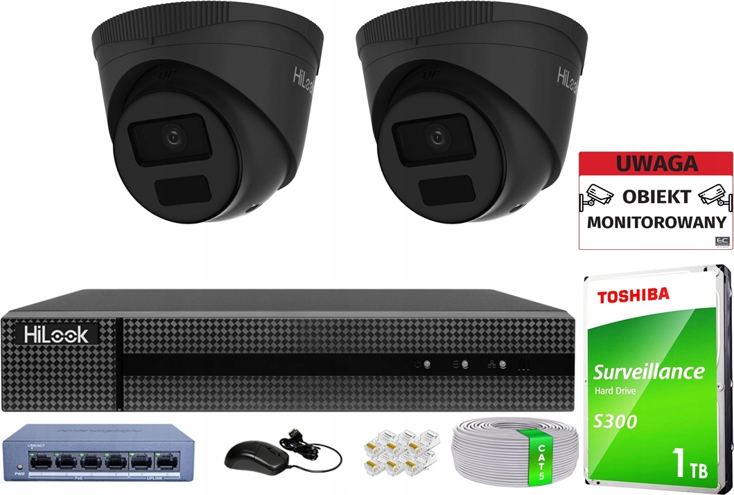 IP-Überwachungsset 4MP 2 PoE-Kameras IP67 IR 20 m NVR 4-Kanal HDD 1 TB HiLook