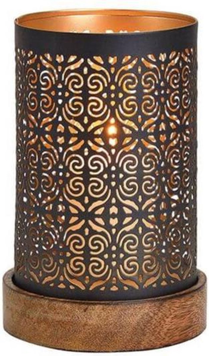 Luxe Waxinelichtjeshouder Maroc koper/zwart op houten voet - 18 x 10 cm