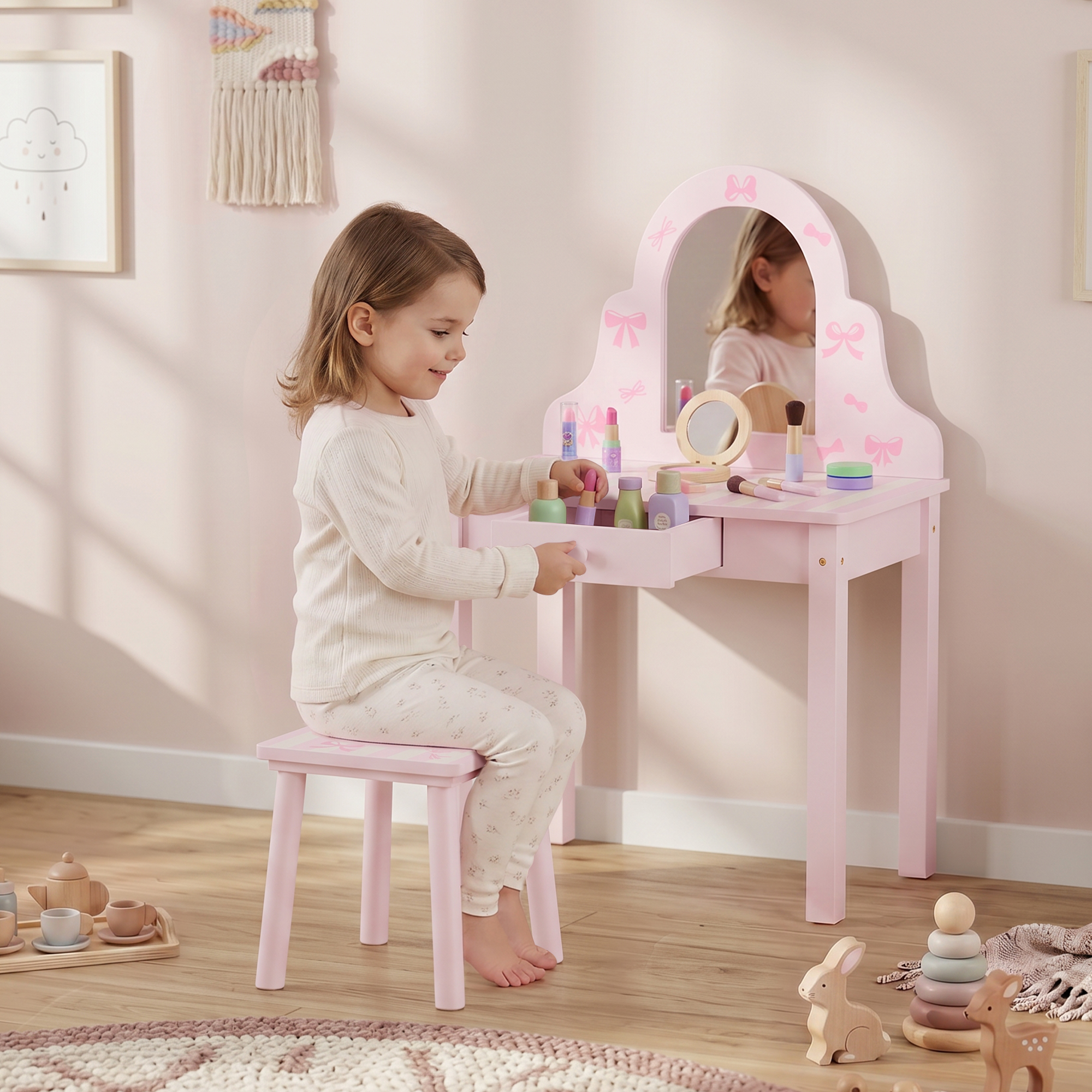 Aiyaplay Set tavolo da trucco 2 in 1 per bambini con sgabello e specchio, rosa   Aosom Italy