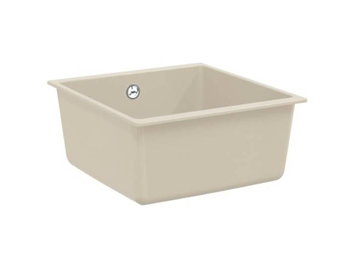 Spülbecken 80 % Quarz und 20 % Kunstharz, 430 x 460 mm, Beige Ein Becken, einbaufähig, Siebkörbchen inklusive, hitzebeständig 280 °C, innen