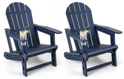 Costway Set of 2 HDPE Adirondack Chair with Cup Holder and Wooden Texture for Patio-Blue
