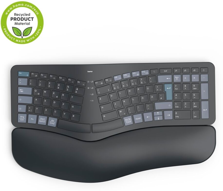 Hama ergonomische Tastatur "Ergonomische Tastatur (kabellos, Multi Device, 2x Bluetooth, 1x Funk)", schwarz, Tastaturen, ergonomische Tastatur