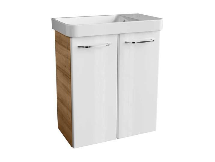 FACKELMANN MILANO Gäste WC Waschtisch Set 55 cm breit, Weiß/Braun hell, Waschbecken Keramik Weiß