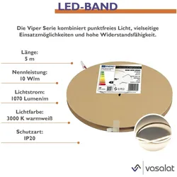 Vasalat, LED Streifen, LED Band 5m Set Led Streifen 10W/m 3000K, IP20, 24V/DC (Warmweiss, 500 cm, Indoor)