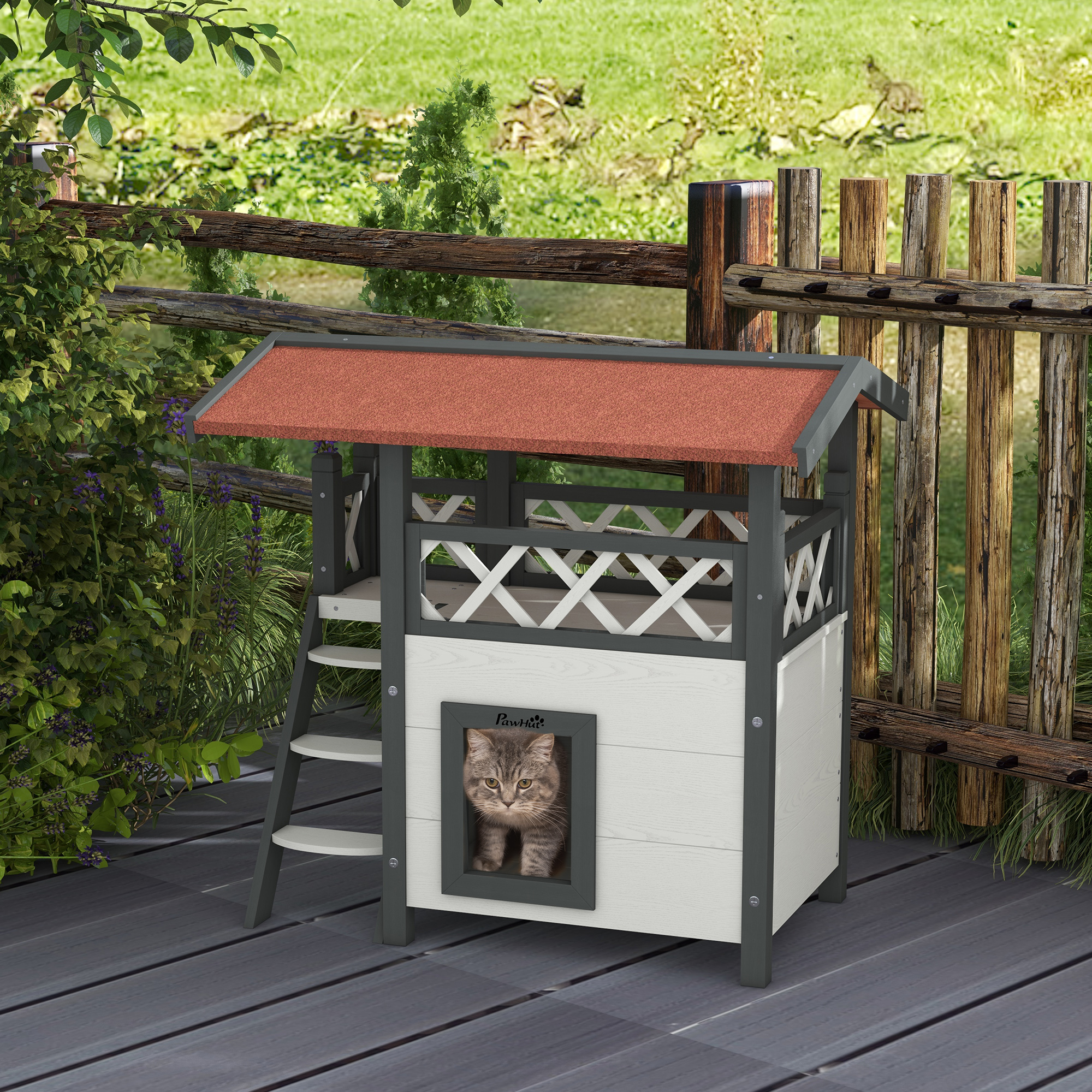 Pawhut Casetta per Gatti da Esterno con Terrazza e Scaletta in Legno, 77x50x73cm, Bianco e Grigio Aosom