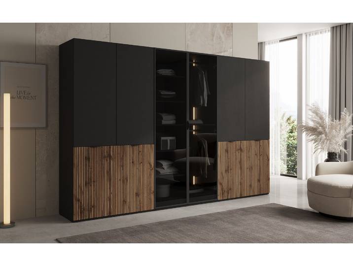 Moduro Arven – Dreimoduliger Design-Kleiderschrank mit Holz- und Glasfront - Schwarz - Luxusbetten24