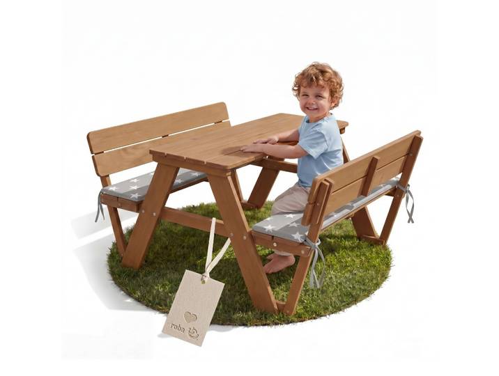 KINDERSITZGRUPPE PICKNICK for 4' Outdoor +, teak, mit Lehne und Bankkissen