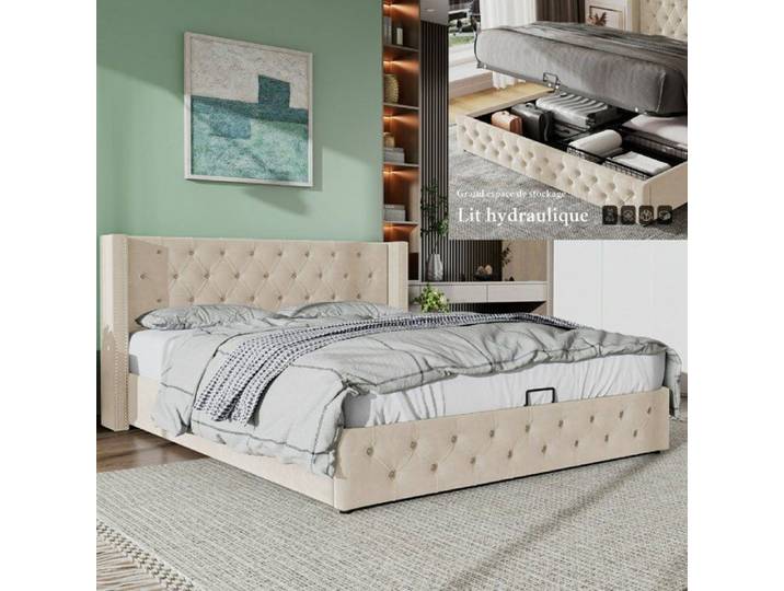Lit coffre 140x190 - LANGTU - Chesterfield Steele - Coffre hydraulique - Tissu flanelle beige - Sommier inclus