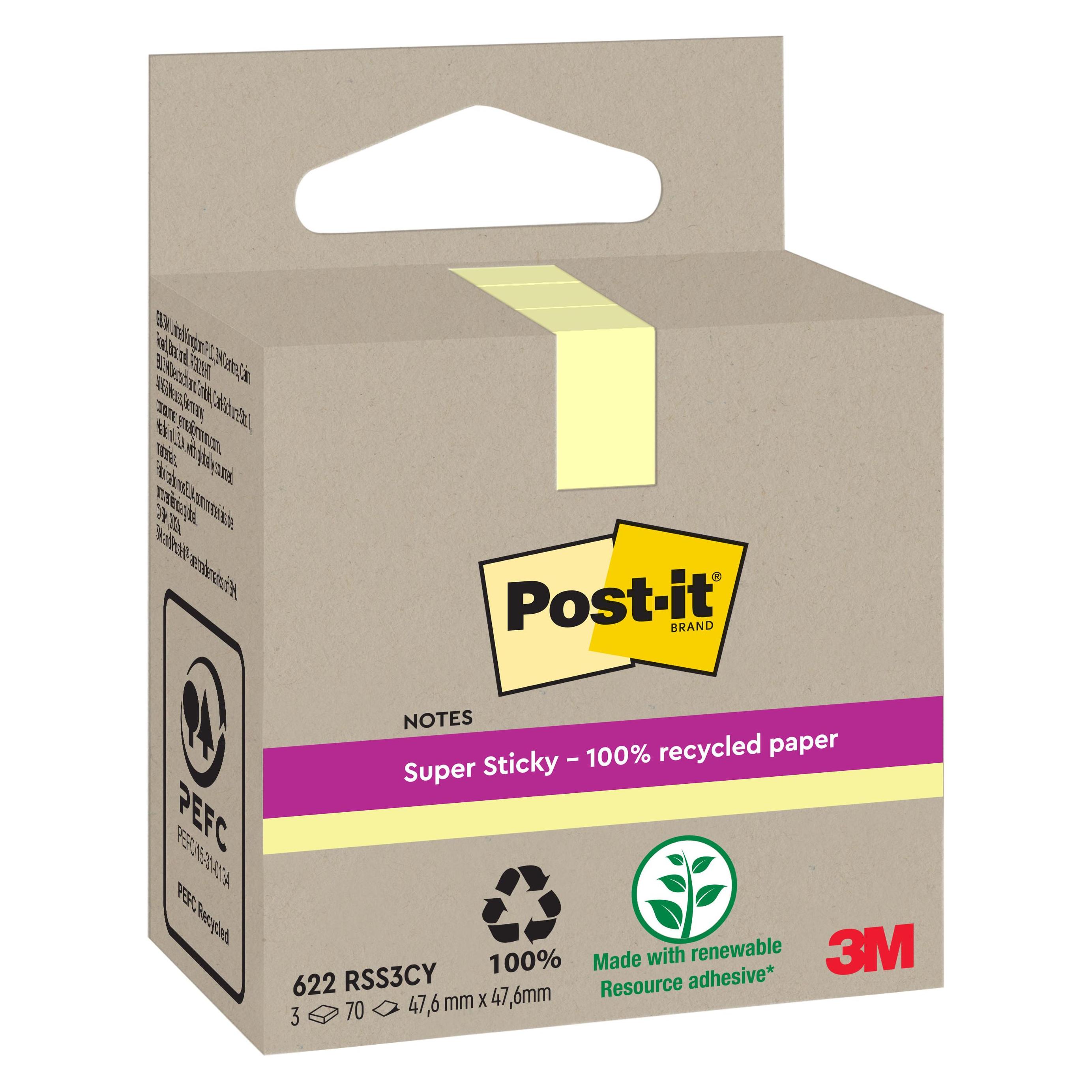 Post-it Super Sticky Haftnotizen Recycling (47.60 x 47.60 mm) (622 RSS3CY)
