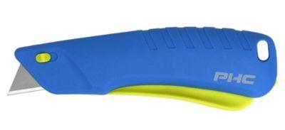 PHC Sicherheitsmesser Rebel™, für Links-/Rechtshänder, Auto-Klingenrückzug, Umhängeöse, Klinge wechselbar, Kunststoff, blau-gelb