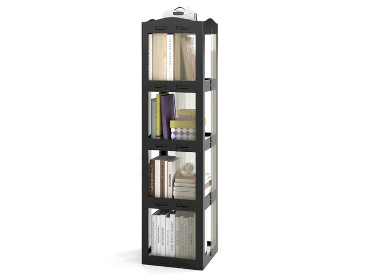 Bibliothèque à 4 Niveaux Rotative à 360° COSTWAY 141 cm Étagère d'Angle Pliante de Sol Translucide pour Salon Chambre Bureau Noir