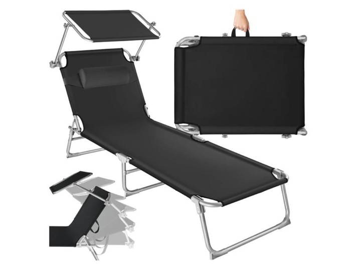Chaise Longue Pliante Bain de Soleil avec Pare Soleil & Appuie-tête - Inclinable Transat de Plage Relax pour Jardin Camping- Noir