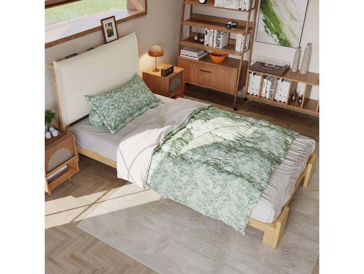 STILVORA Polsterbett 90x200cm Gepolsterte Rückenlehne mit Klettverschluss für Komfort, Einzelbett stabile Lattenroste & breitere Bettbeine, Kinderbett vielseitig einsetzbar Natur