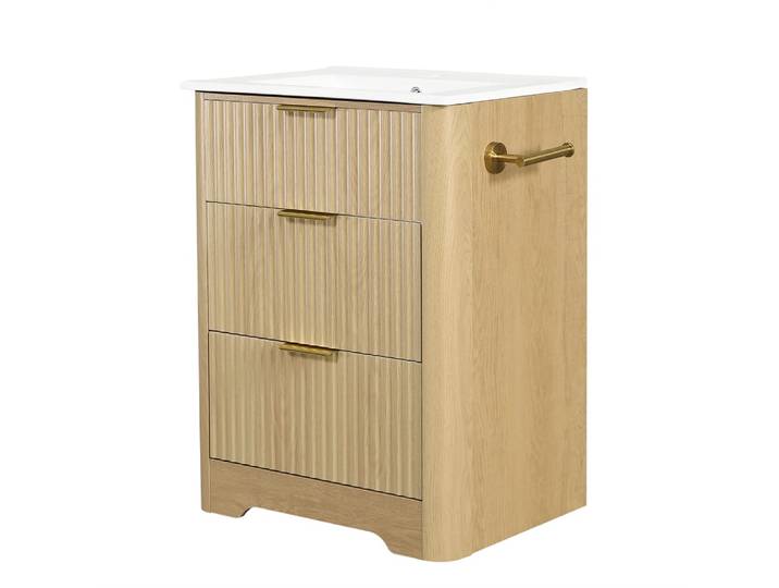Meuble sous-vasque 61 cm en bois naturel, porte coulissante et vasque