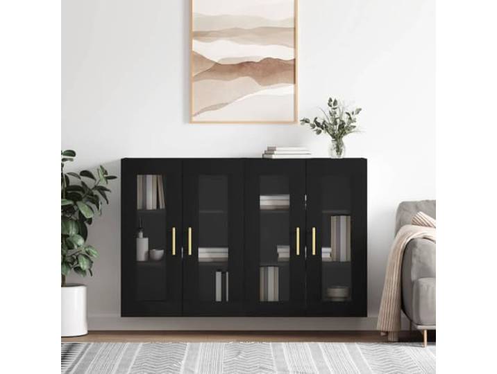 Wandschraenke 2 Stk. Schwarz Holzwerkstoff Haengeschrank mit Glastuer Wandmontage, Glastueren, vielseitig als Sideboard-Aufsatz, glatte Oberflaeche, stabil