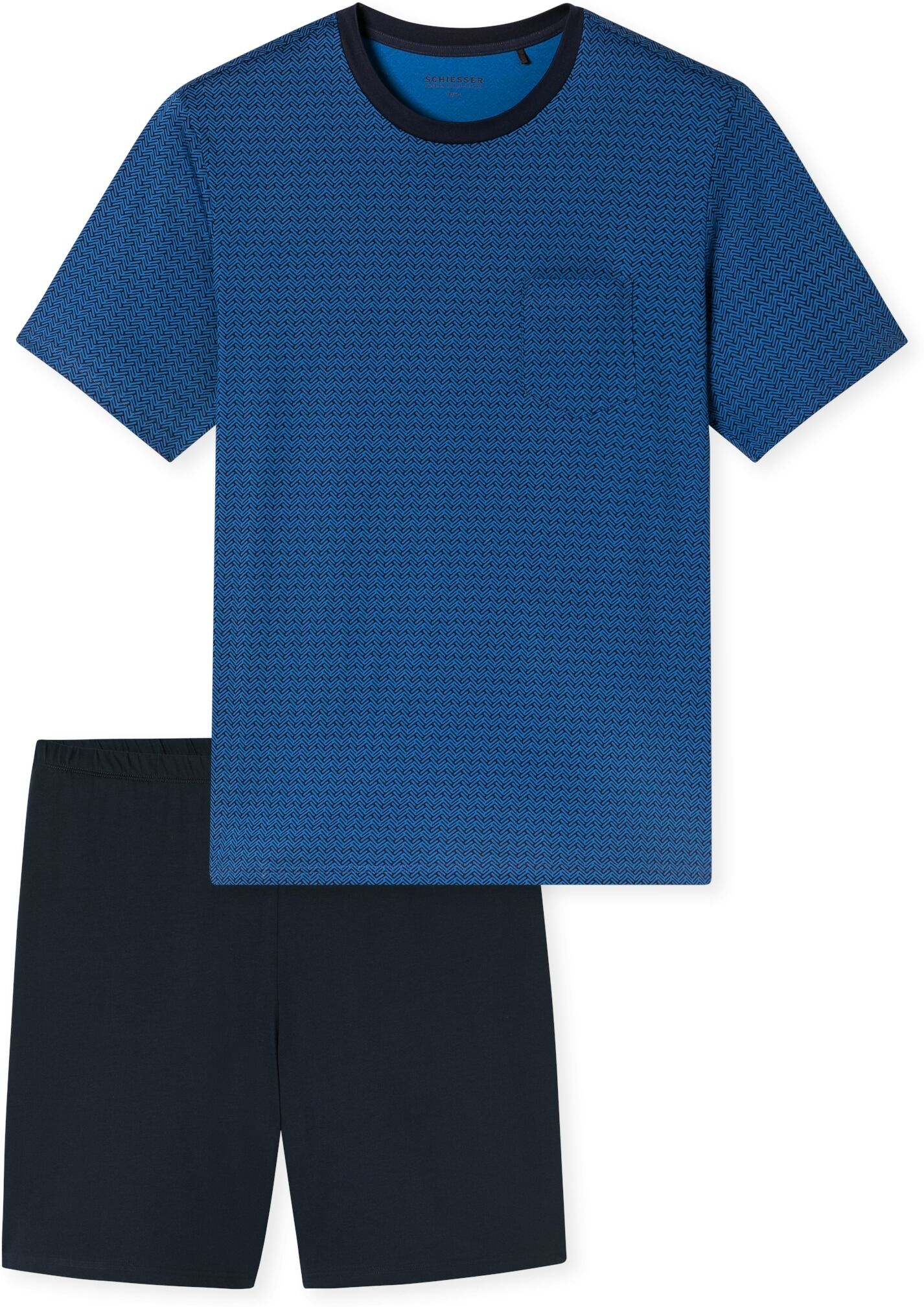 Pyjama SCHIESSER "Comfort Essentials", Herren, Gr. 58, blau (800, blau), Single Jersey, Obermaterial: 100% Baumwolle, bequem kurz, Rundhals, Homewear-Sets Pyjama, mit aufgesetzter Brusttasche 800, blau 58