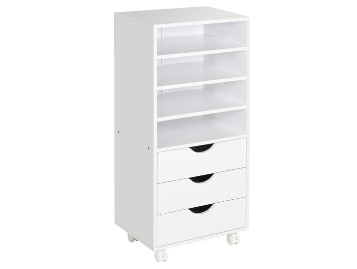 Vinsetto Cajonera de Oficina con 3 Cajones y 4 Estantes Abiertos Cajonera Escritorio con Ruedas para Oficina 38x40x86,8 cm Blanco