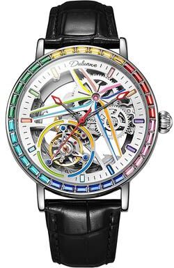 Fashion Sheath Rainbow Colored Gemstone Tourbillon Skeleton Automatic Mechanical Watch For Men leather White