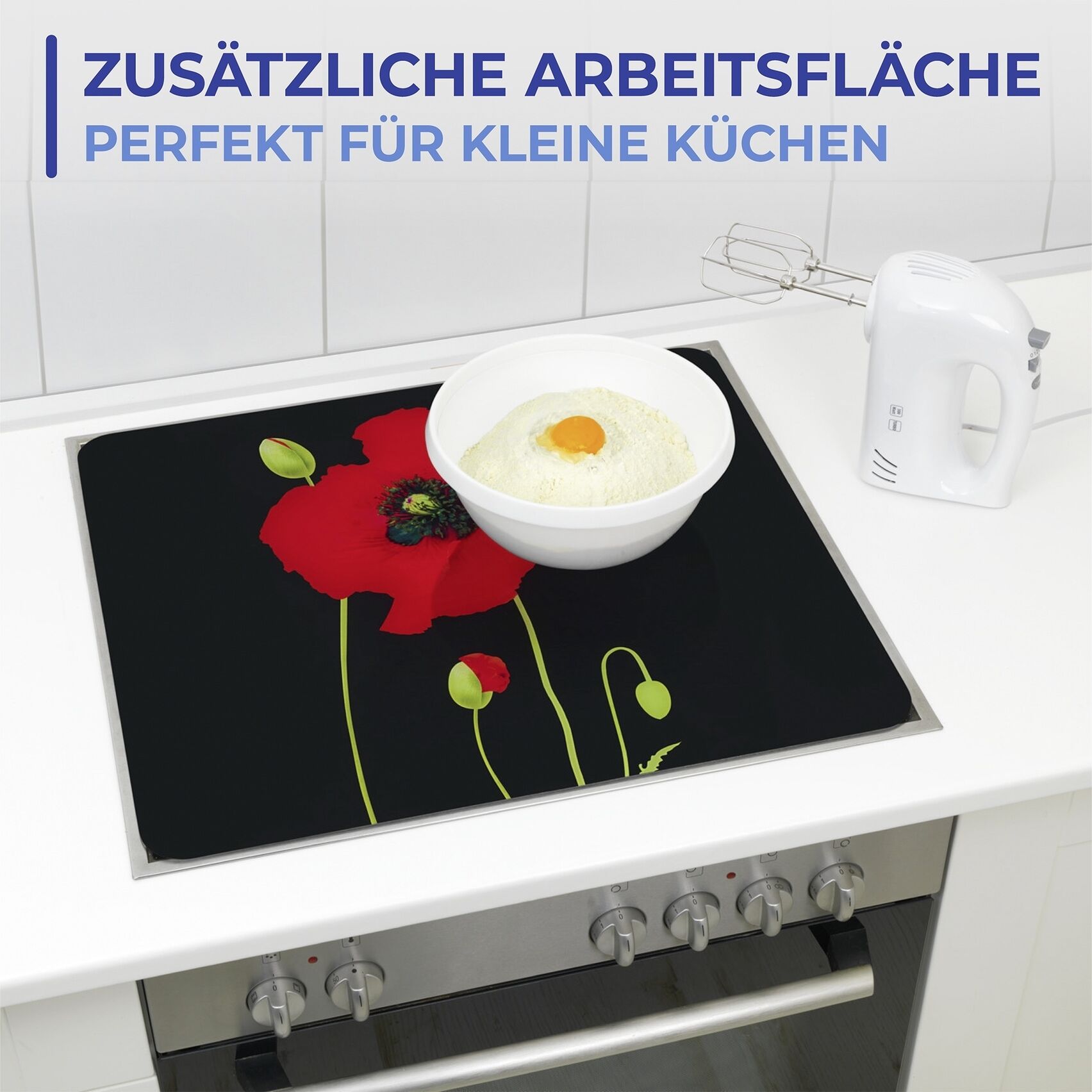 Herd-Abdeckplatte MAXIMEX "Multi Modell Mohn", bunt (platte: mehrfarbig, füsse: transparent), B:56cm H:0,5cm L:50cm, Glas, Herdabdeckplatten, Herd-Abdeckplatte, Spritzschutz, Herdblende, Schneidbrett, für Glaskeramik-Kochfelder platte: mehrfarbig, füsse: 