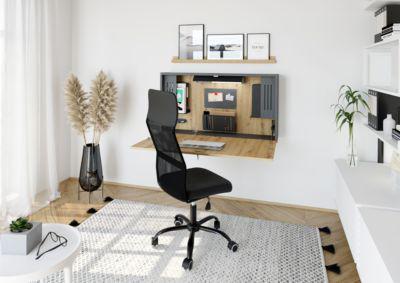 Wandschreibtisch, ideal für das Home Office, ausklappbare Tischplatte, umfangreiche Innenausstattung, B 1200 x T 260 x H 650 mm, graphit/Asteiche