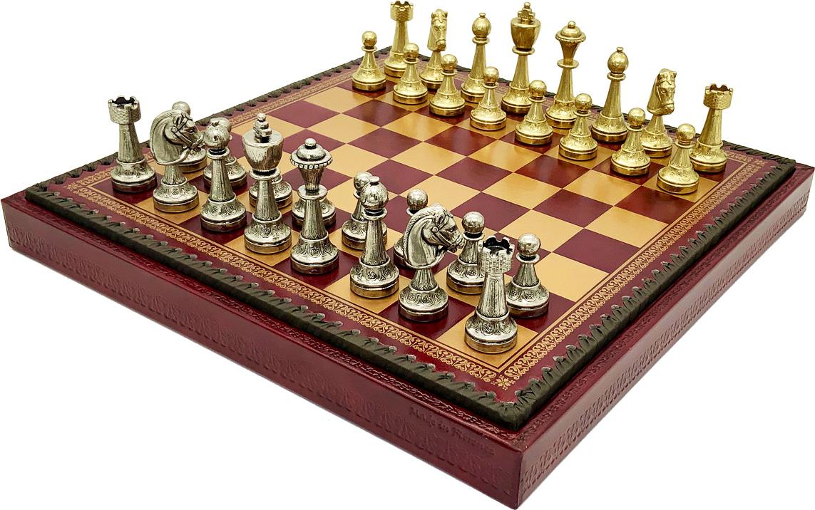 Italienisches Schachset Staunton + Schachbrett Gold/Burgunder 35