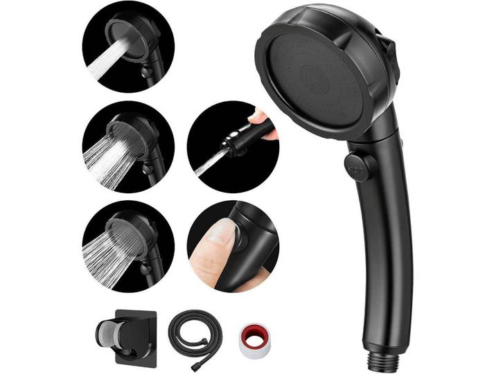 Duschkopf Set mit Wassersparfunktion und 3 Strahlarten Schwarz, Kunststoff, 8x12.7x24 cm, Badezimmer, Baden & Duschen, Duschköpfe & Duschschläuche