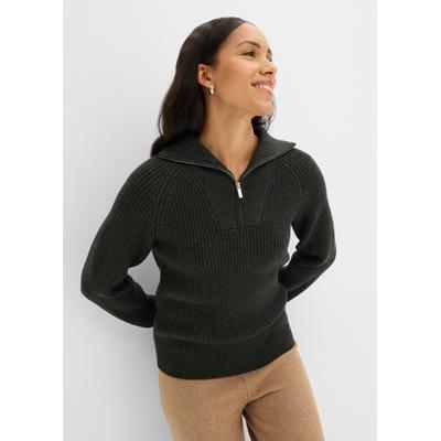 Troyer BONPRIX, Damen, Gr. 52/54 (XXL), grau (anthrazit meliert), Obermaterial: 50% Viskose, 26% Polyamid, 24% Polyester, bequem, Pullover Troyer, mit Umlegekragen, bequeme Passform, locker geschnitten, im Casual-Stil