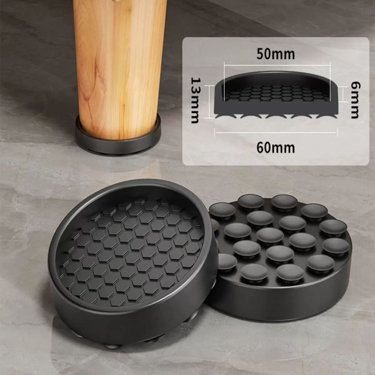 INF Tischbeinschutz mit verbessertem Saugnapf - Runde Oberseite 5cm Durchmesser, Silikon Anti-Rutsch Bodenschoner 4er-Set Schwarz