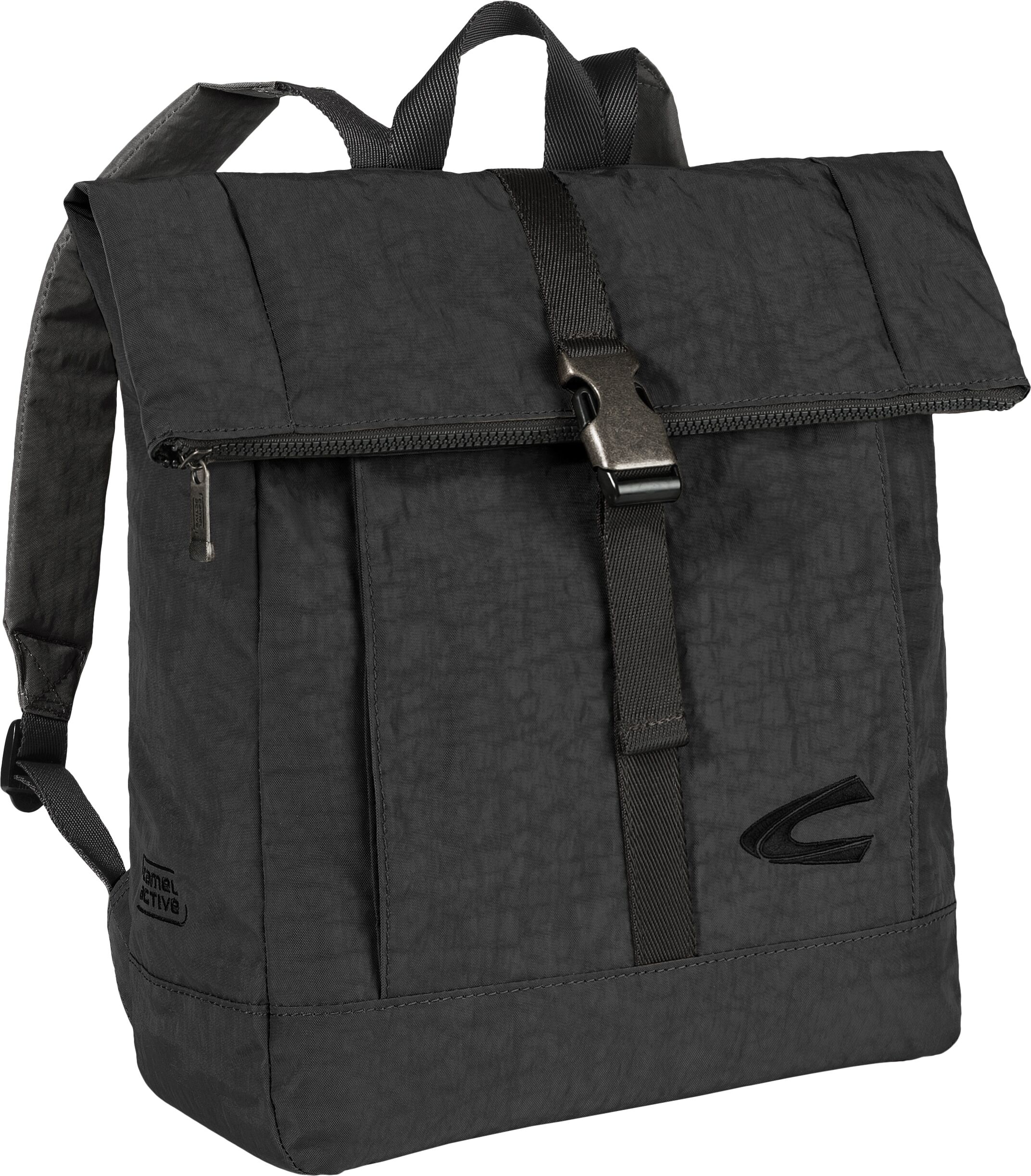Rucksack CAMEL ACTIVE "Journey", Gr. B/H/T: 38cm x 38cm x 15cm, schwarz, Nylon, aufgeraut, bestickt, clean, unifarben, Rucksäcke Rucksack, aus leichtem robusten Nylon, funktional perfekt für alle Lebenslagen schwarz B/H/T: 38cm x 38cm x 15cm