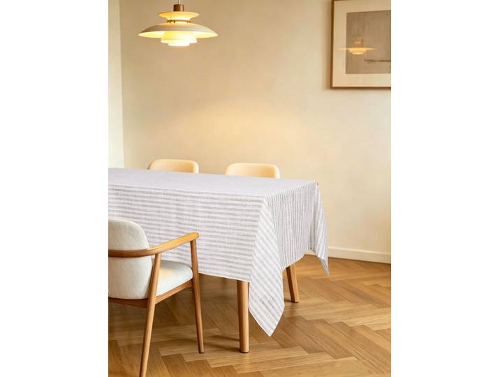 Tischdecke GOODPRODUCT Marric 1 Stück, halbtransparent, Dekoration Gr. 3, beige (taupe), B:135cm L:180cm, Polyester, Tischdecken, Tischdecke, halbtransparente Tischdecke, Leinenoptik mit Streifen