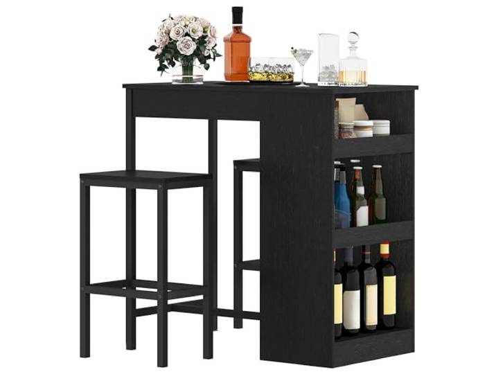 DWVO Frühstücksbar, Bartisch mit 2 Hockern und Ablage, Schwarz Industrial Style Bartisch Set für Küche, Esszimmer, Kneipe