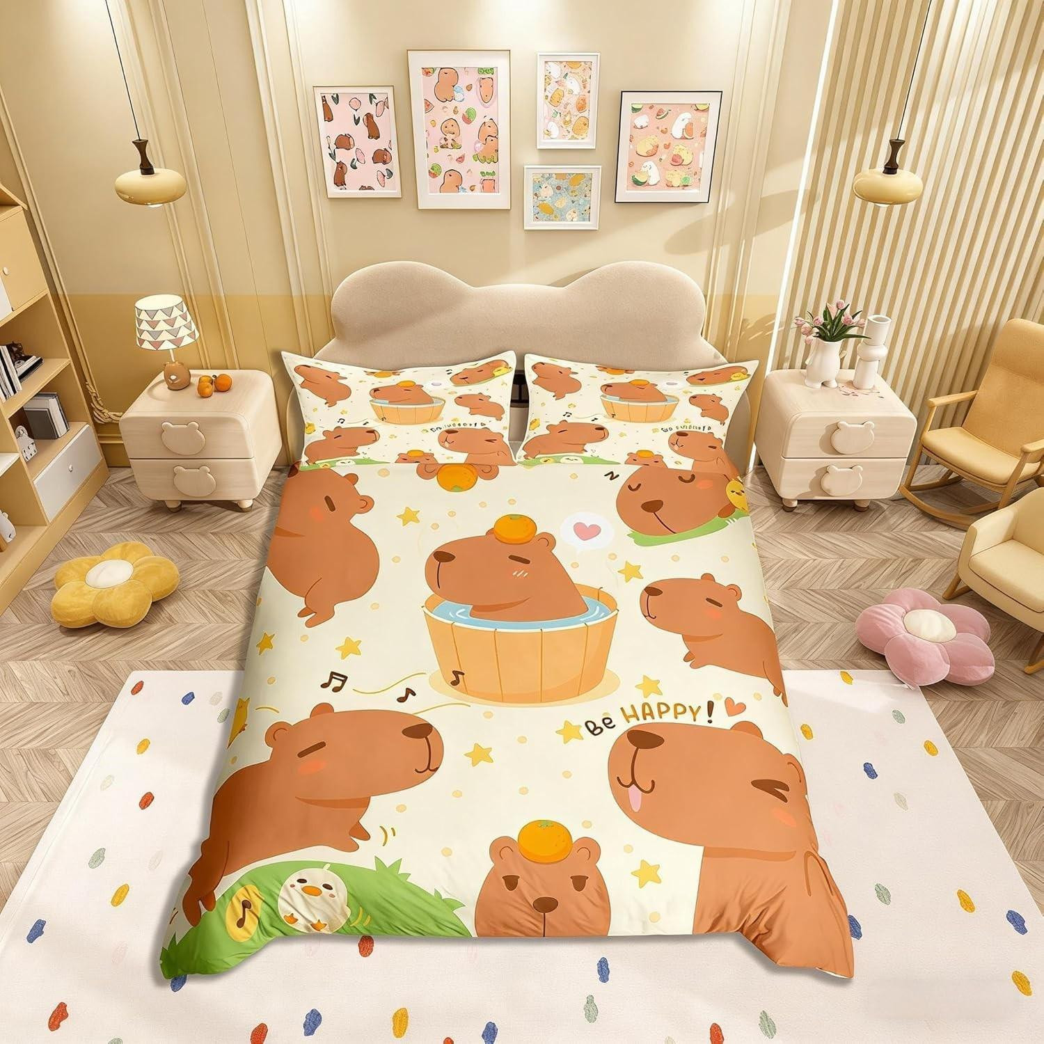 Cartoon Kapibara Beddengoed Set voor Kinderen met Grappige en Schattige Designs