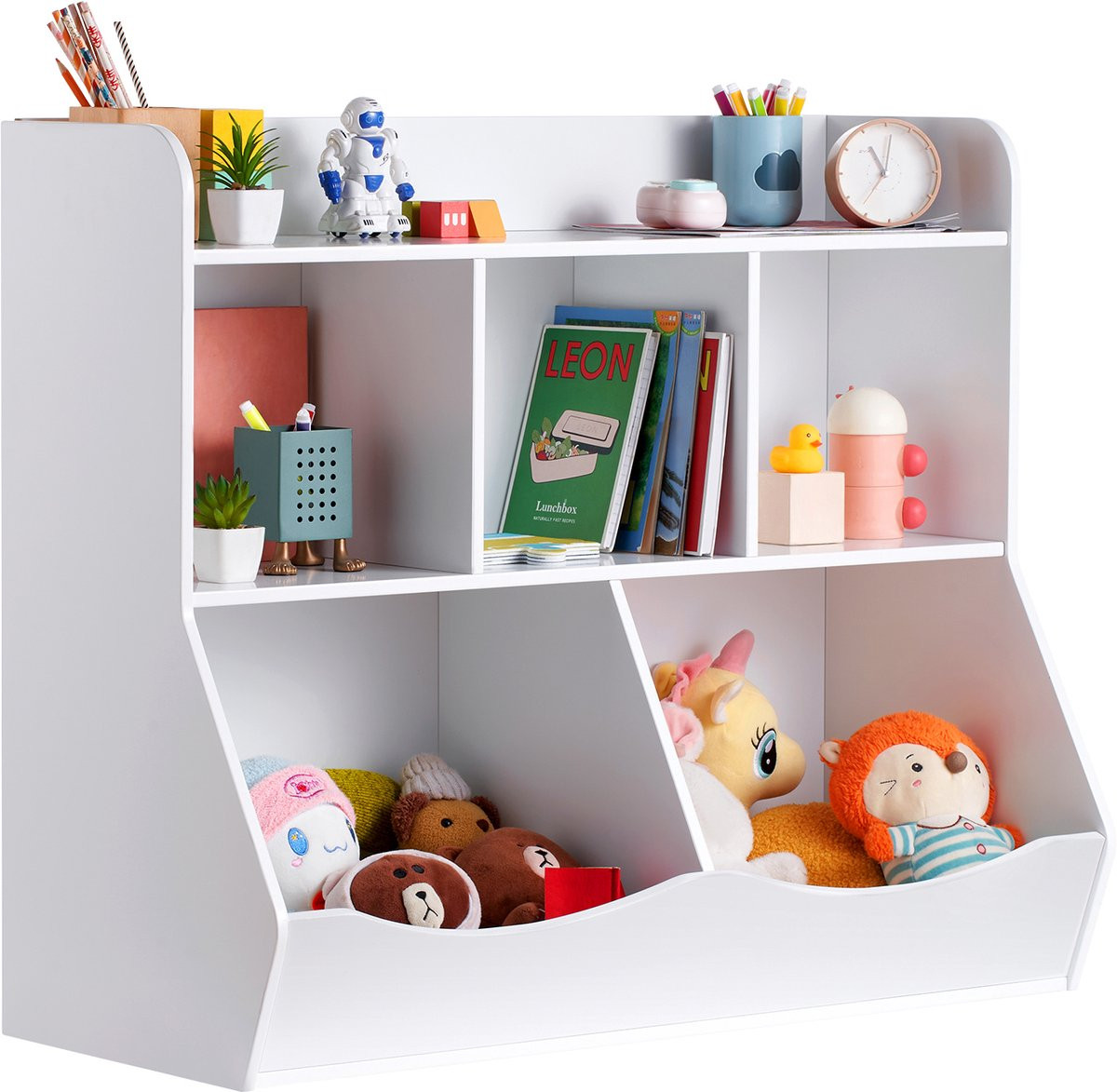 Witte houten opbergkast voor kinderen met 5 vakken en boekenplank
