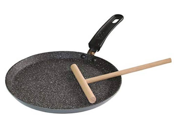 STONELINE Crepe Pfanne Induktion 25 cm, Omelettpfanne beschichtet mit echten Steinpartikeln, Pfannkuchen Pancake Pfanne Antihaft, Fettfrei Braten, Alle Herdarten, Grau Genietet