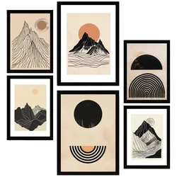 POSTER Set Mit 6 Geometrische Berge Vintage Braun Schwarz & Erdtöne A3 & A4 Schwarzer Rahmen
