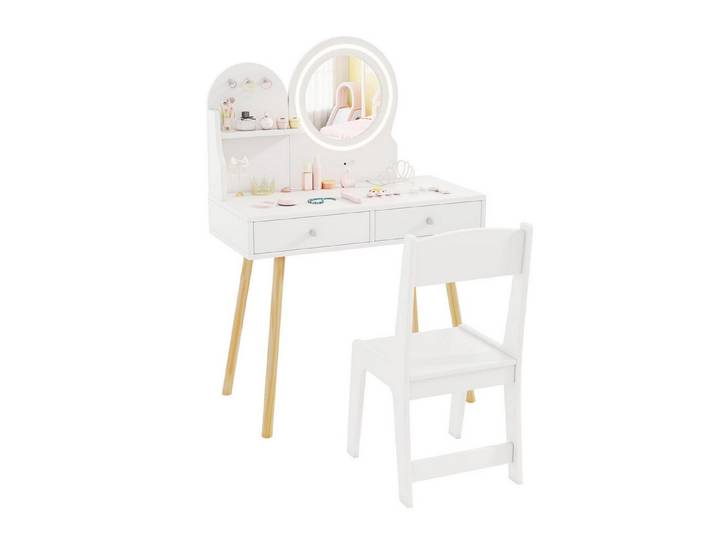 COSTWAY Schminktisch, Kinder Schminktisch mit LED-Beleuchtung, Holz