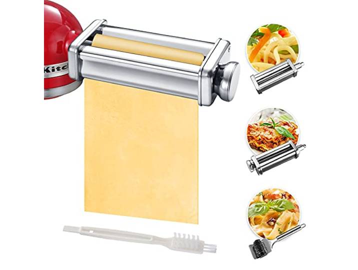 Gdrtwwh Pasta Maker Aufsatz-Set für KitchenAid Standmixer, inklusive Nudelgitterrolle, Spaghetti-Schneider, Nudelroller und Reinigungsbürste aus Edelstahl Manuell