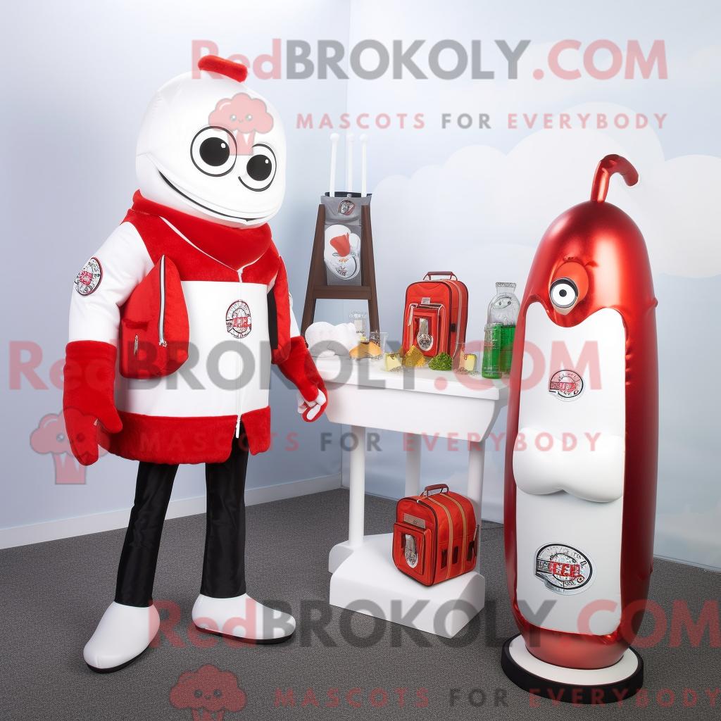 Maskottchenfigur REDBROKOLY einer weißen Ketchupflasche mit Rollkragen und Aktentasche