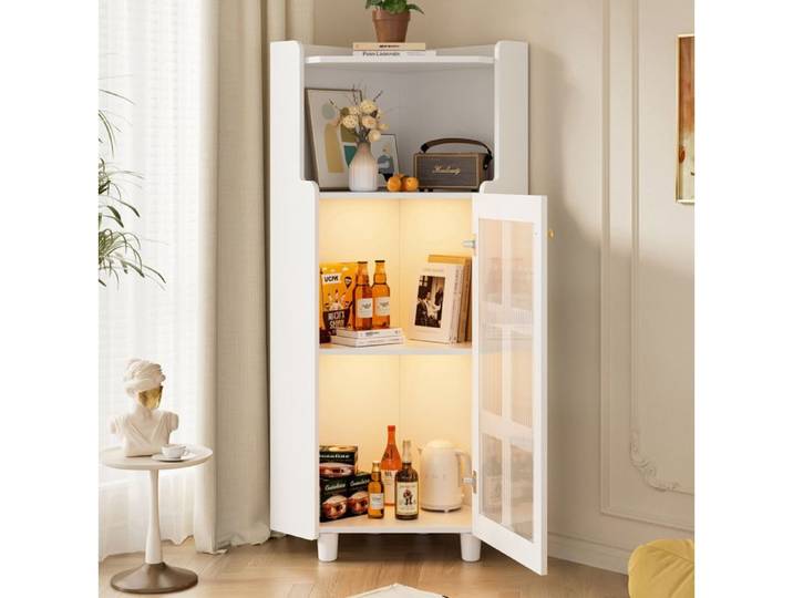 Vitrine Armoire D Angle VIVRYN LED Contrôle Par Application Finition Laquée MDF Blanc