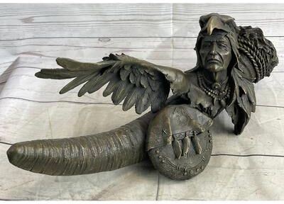 Bronzhaus Native American Warrior With Eagle Headdress And Horn Bronze Sculpture Figurine