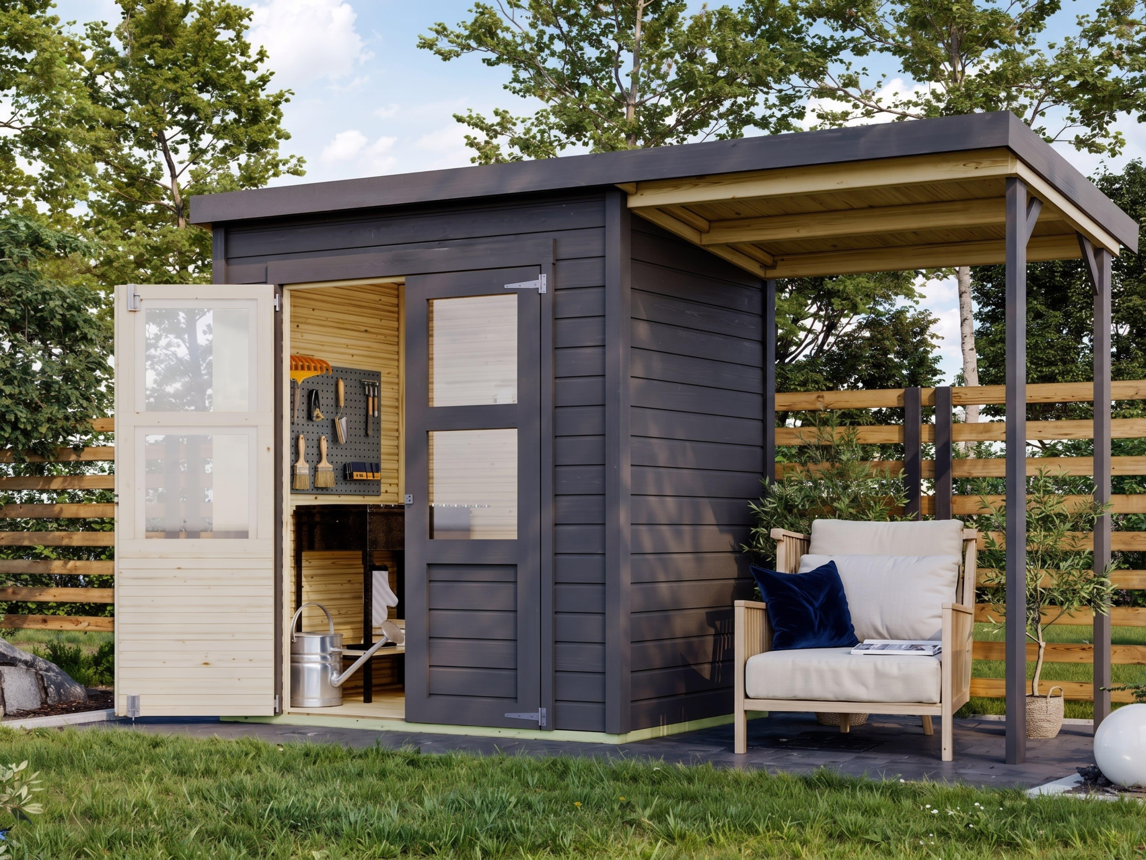 Gerätehaus Merseburg 2 14 mm terragrau inkl. 140 cm Anbau