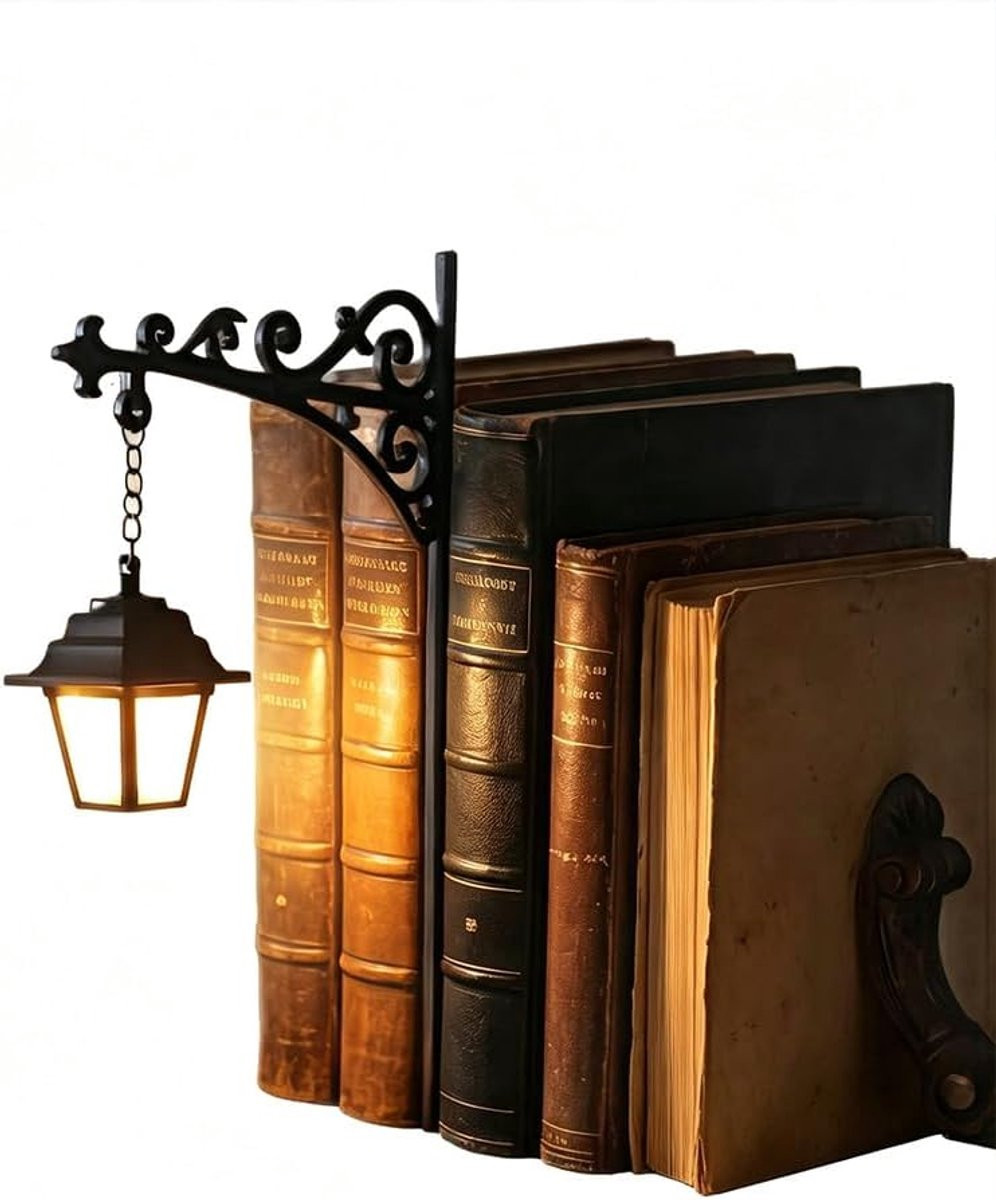 Decoratieve metalen boekensteun met lantaarnverlichting in vintage stijl - Zwart