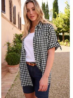 Plus Size Women's Tie-Sleeve Button-Down Shirt by Roaman's in Black Check (Size 28 W)
