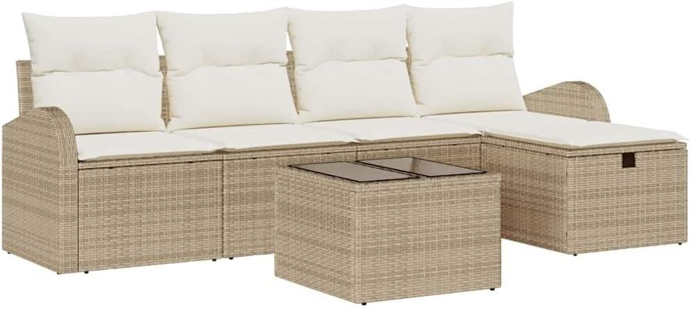 6-teiliges Garten-Sofa-Set aus Poly-Rattan mit Kissen, modularen Sitzmöbeln und Stauraum in Beige, einschließlich Bank mit verborgenen Fächern und höhenverstellbarem Tisch